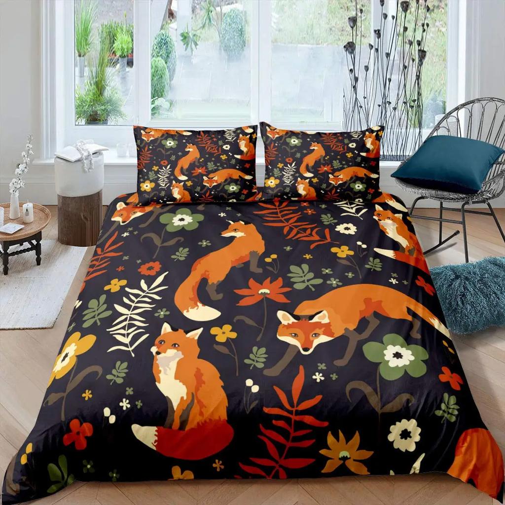 Comforter Cute Forest Animals Theme S King Size Fox Deer Rabbit Owl Hedgehog Flowers Comforter Set 2/3Pcs Bedding Set