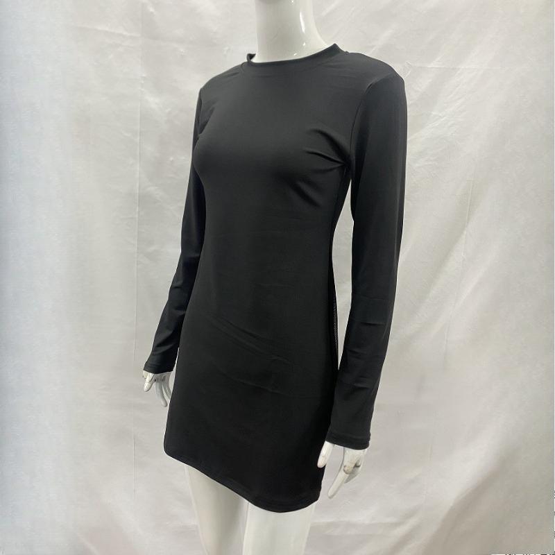 Spring solid color semi high neck long sleeved mesh splicing sexy perspective one-step skirt dress
