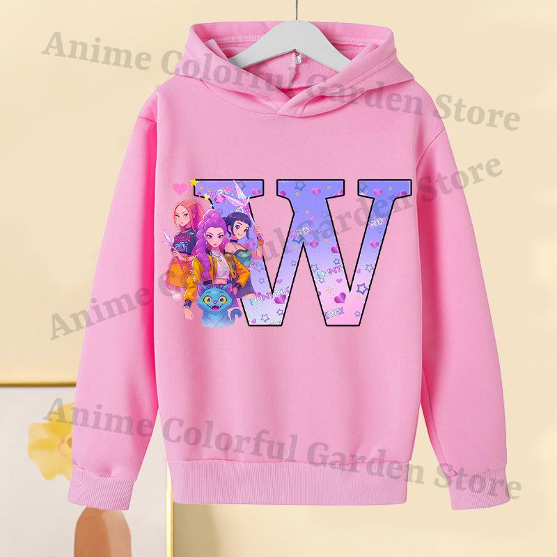 KPop Dämonenjäger Pinke Hoodies für Kinder Cartoon Buchstaben bedrucktes Kapuzensweatshirt Mädchen Herbstmode Hoodie Kinderkleidung