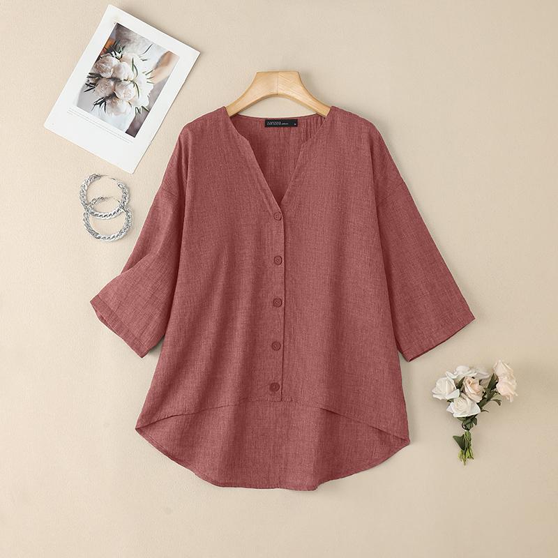 ZANZEA Women Casual V-Neck Solid Color 3/4 Sleeve Blouse
