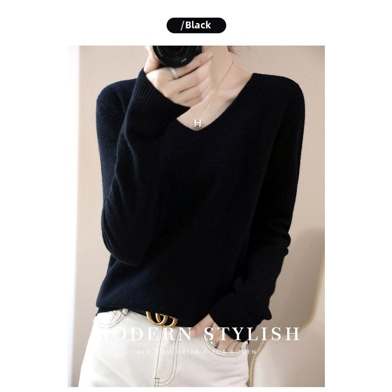 

Однотонный свитер с V-образным вырезом, женский пуловер с длинным рукавом, осенне-зимний, свободный, короткий, для ношения под низ S чёрный