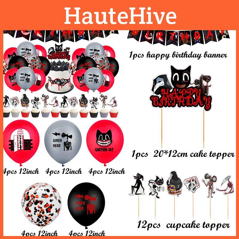 Siren Head Cartoon Cat Horror Theme Birthday Party Balloon Banner Cake Topper Set