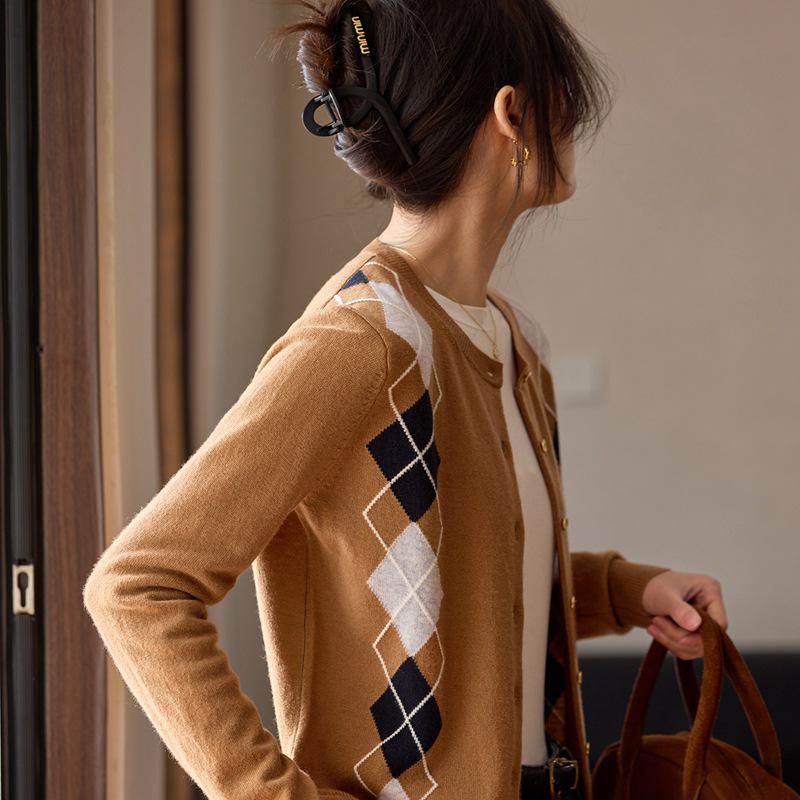 Cardigan Pull en Tricot Losanges Géométriques Color Block 100% Cachemire pour Femme