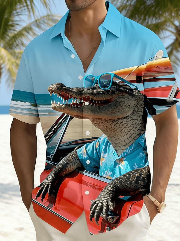 Men'S Short Sleeve Shirt with 3D Crocodile Print Pattern, Fun Casual Resort Top, Breathable Summer Shirt with Vibrant Animal Designs, Lightweight