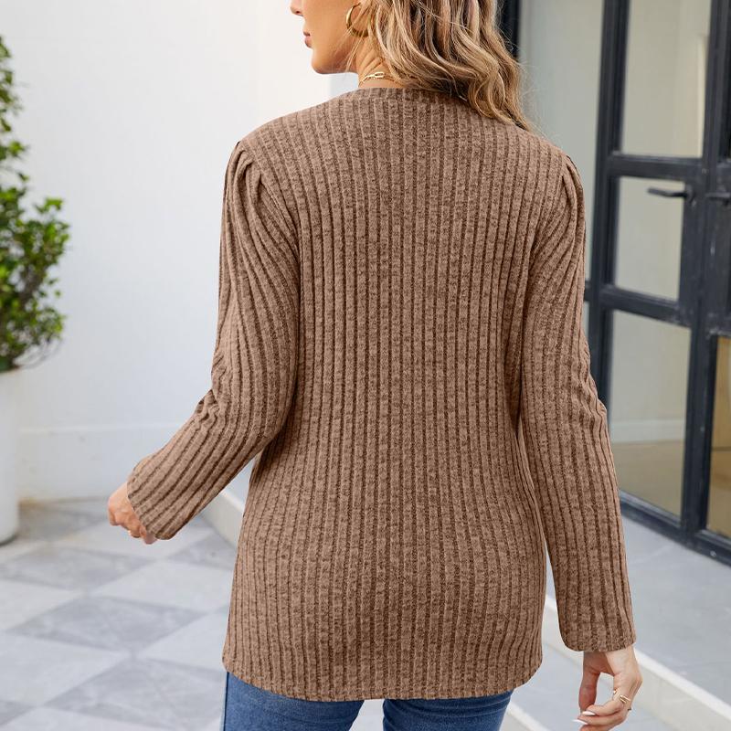 Damen-T-Shirt mit rundem Halsausschnitt, Puffärmeln, einfarbigem Oberteil und langen Ärmeln