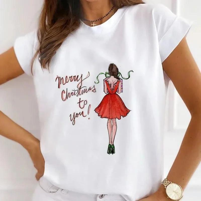 Festival Christmas Printed Short Sleeved Casual Womens Tshirt Crewneck Tops Kawaii Fashion Women TShirt Clothes Harajuku