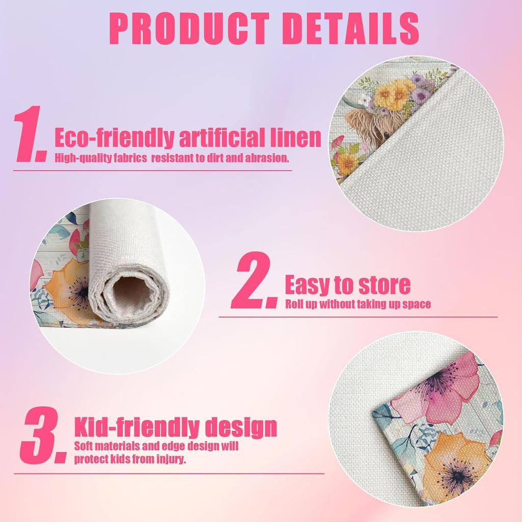 Highland Cow Placemats Set of 6,12x18 Inch Watercolor Floral Linen Place Mat Washable Stain Resistant Table Mats