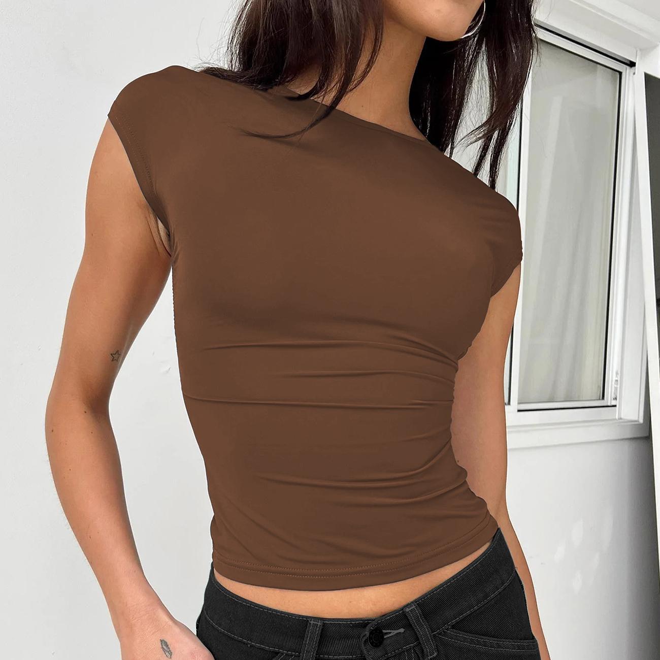 

Модна літня сексуальна футболка Y2K для жінок з нейлоновою вологовідвідною спинкою, зручним дихаючим приталеним топом з короткими рукавами L кавовий