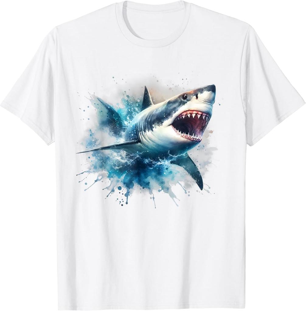 Great White Shark Splashing Water Graphic Tee Breathable Cotton Short Sleeve TShirt