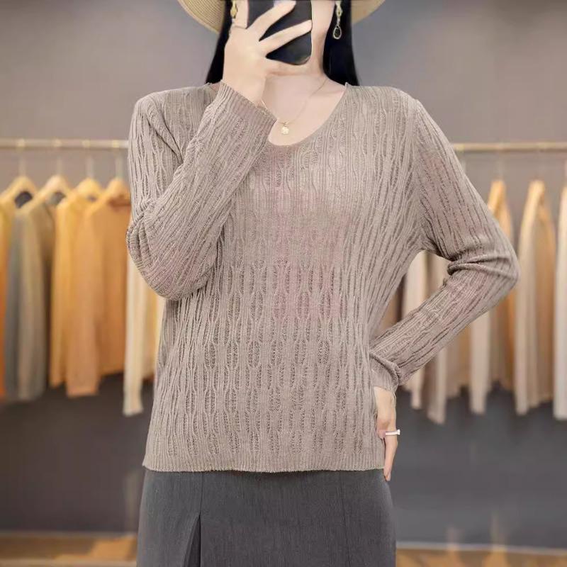 Autumn Thin Women's Fine Imitation V-neck Knitted Sweater Women's Long-sleeved Hollow Bottoming Shirt Women's Batch