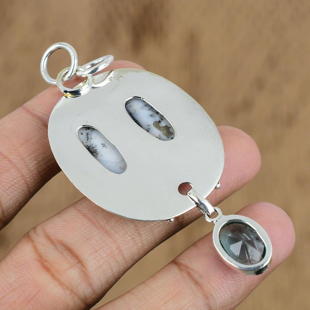 Natural Dendrite Opal Gemstone Pendant White 925 Sterling Silver Indian Jewelry