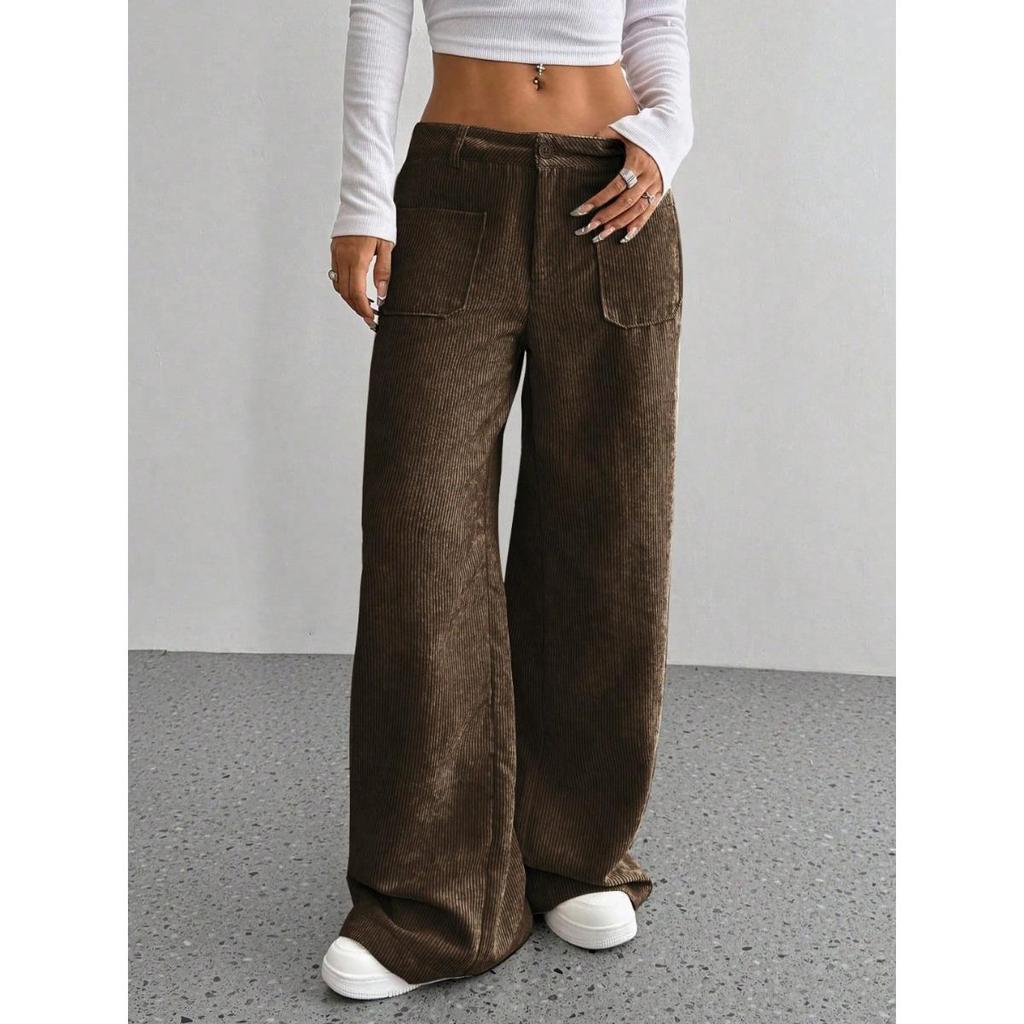 Corduroy-Textured Women's High-Waisted Wide-Leg Pants | Relaxed Fit, Side Pockets & All-Season Comfort, Machine Washable Beige Trousers
