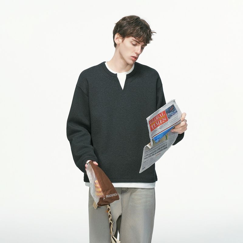 Dream Made Fake Two-Piece V-Neck Heavyweight Sweatshirt for Men, New Autumn and Winter Style, Fleece-Lined and Thickened, Men's Inner Layer Top