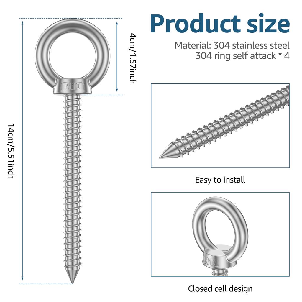 Extended Eye Nut Self Tapping Screw Stainless Steel Sheep Eye Round Ring Self Tapping Screw Hook for Hammock Stand Swing Chair