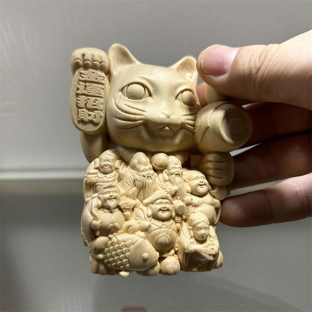 Wooden carved Buddha statue [Seven Lucky Gods Maneki Neko], carved from a single piece of cypress wood, 10cm tall, ornament, good luck ornament,