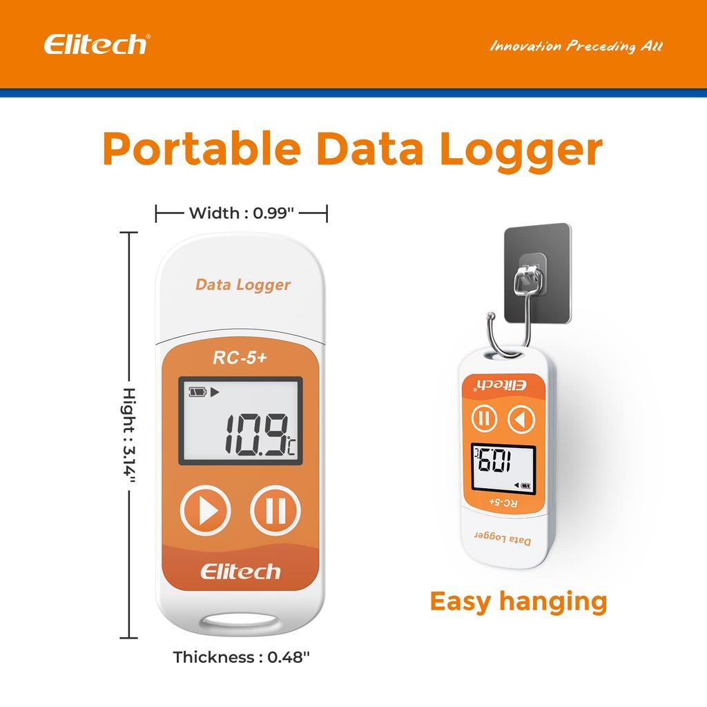 Elitech Temperature LCD Data Logger for Easily Recording and Analyzing Temperature Automatic Report and Analysis of RC-5+ Recorder, USB-C Integrated,