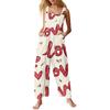 Women's heart,shaped printed casual loose retro overalls cotton and linen one,piece pants