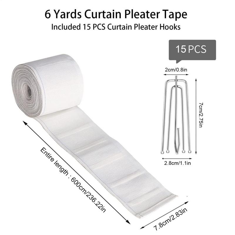 6m White Pleat Tape for Curtains with 15 four claw hook Drape Making Accessories for Living Room Home Bedroom Enhancement