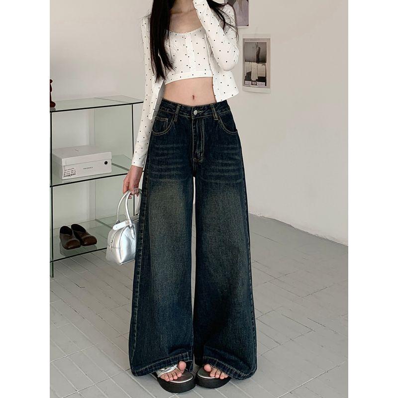 

Kumikumi Retro Washed Distressed High Waist Denim Female Fall Easiest for Match Loose Slim Looking Loose Pants Straight-Leg Pants Retro Blue XL