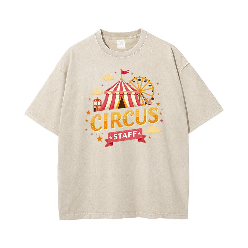 Vintage Circus Printed Summer Washed Acid T-Shirt Harajuku Korean Cotton Short Sleeve Carnival Festival Male Tunics
