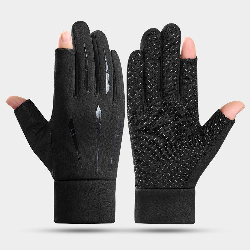 Men's Winter Touchscreen Cycling & Driving Gloves - Velvet Lined, Non-Slip, Two-Finger Design for Motorcycling and Fishing.