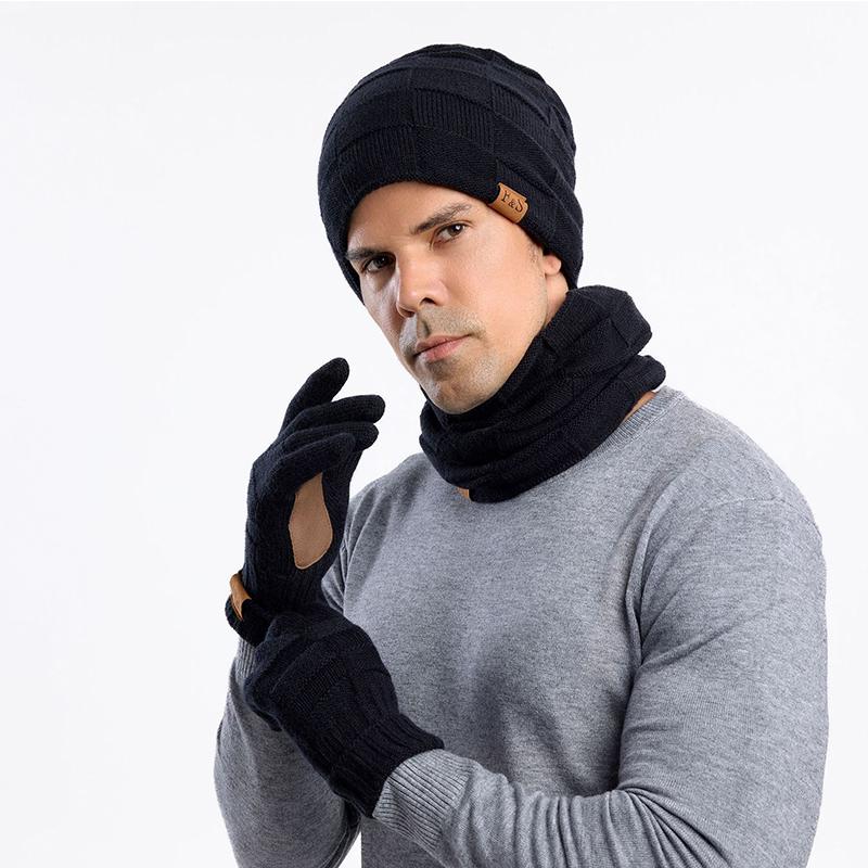 New Winter Warm Thicken Men Knitted Hat Women Scarf Scarf And Gloves Three Piece Plush Thermal Beanie Hats Casual Skullies Cap