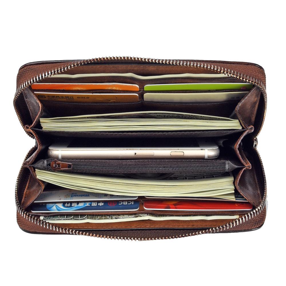 European and American Fashion Retro Tree High Leather Zipper Bag, Genuine Leather Top Layer Cowhide, Hand Polished Casual Handbag, Fashionable Wallet
