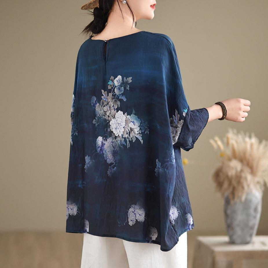 Summer Hemp Cotton Blouse Ethnic Style Bat Sleeve Loose Oversized Round Neck T-shirt Casual Comfortable for Women