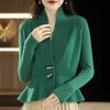 Autumn and Winter Knitted Cardigan Women's Collar Top, Horn Buckle Ruffle Hem Jacket, Thin Waist Sweater Tide