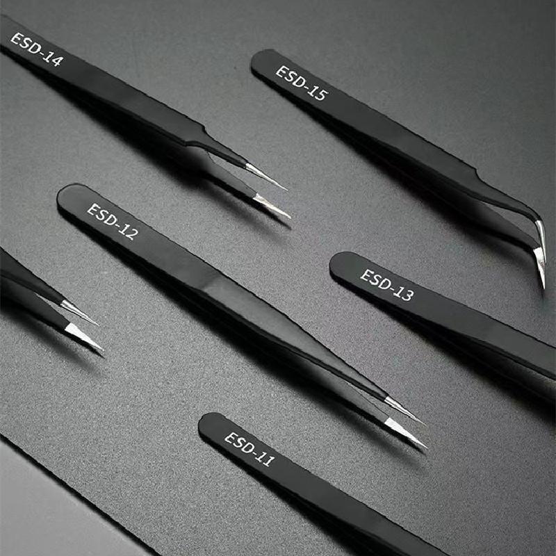 Black Anti-Static Stainless Steel Curved Tweezers for Phone Repair, Bird's Nest Plucking, and Manicure (ESD Safe)