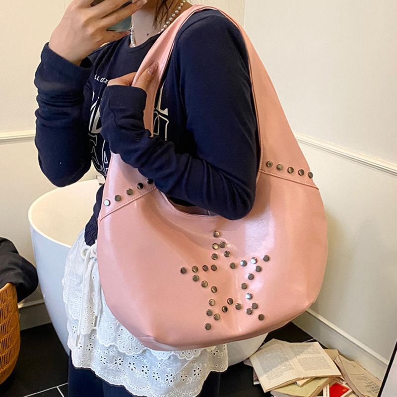 Retro Star Rivet Tote Bag Solid Pu Leather Shoulder Bag Large Capacity Female Casual Shopping Underarm Pack Lady Handbag
