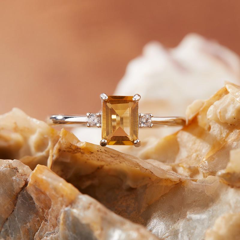 S925 Sterling Silver Natural Color Treasure Ring Female Citrine Amethyst Topa Garnet Sugar Cube Simple