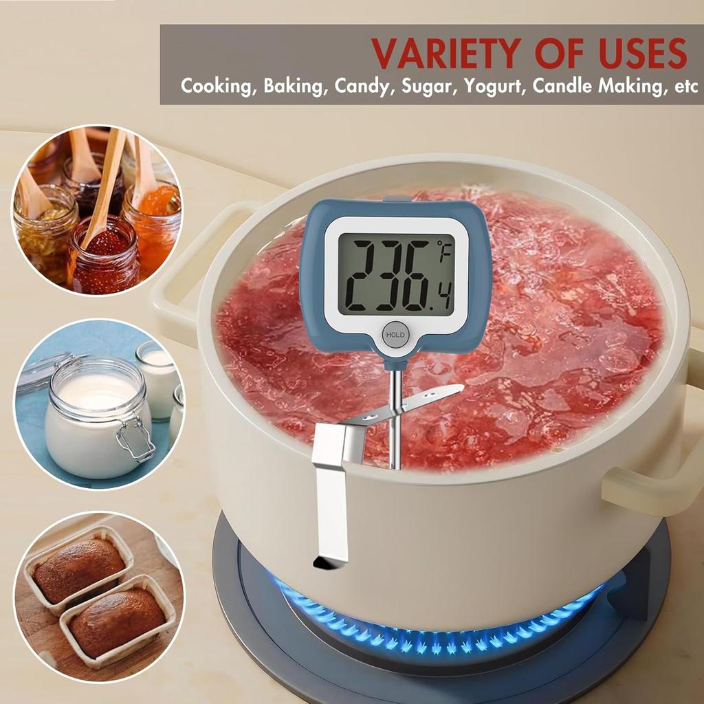 Digital Candy Thermometer with 10" Probe & Pot Clip - Instant-Read LCD Food Thermometer for Candy Making Meat Cooking
