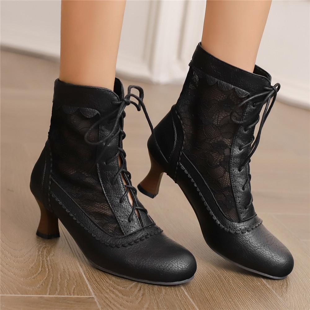 Fashion 2025 New Lace Up Hollow Mesh Victorian Ladies High Heel Shoes Strange Steampunk Boot Ankle Boots Women Thick Soled Short Boots
