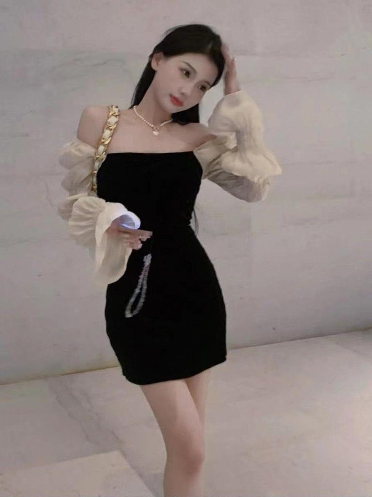 French Chic Puff Sleeve Little Black Dress - Elegant Slimming Style for Women