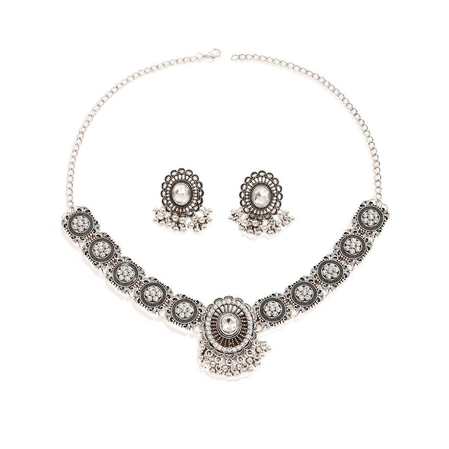 Vintage Indian Style Rhinestone Tassel Choker Necklace Earring Set Fashion Jewelry for Women