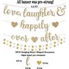 Vorgespanntes Love Laughter & Happily Ever After Banner für Hochzeitsfeier Dekorationen, Gold Glitzer Banner Schild mit 13FT Herz Streamer Girlande für