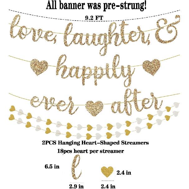 Vorgespanntes Love Laughter & Happily Ever After Banner für Hochzeitsfeier Dekorationen, Gold Glitzer Banner Schild mit 13FT Herz Streamer Girlande für