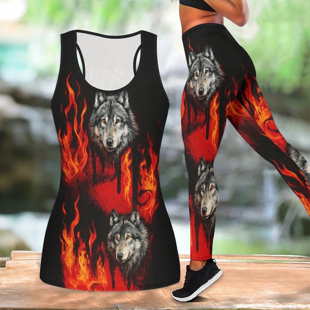 Fierce Wolves Pattern Print Yoga Outfit for Women Fashion Workout Leggings Fitness Sports Casual Yoga Set Sports Suit