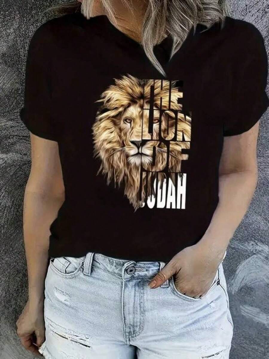 

Lion Letter Print T-Shirt Casual Crew Neck Short Sleeve Daily Top Women Clothing Women Size S-3XL S разноцветный