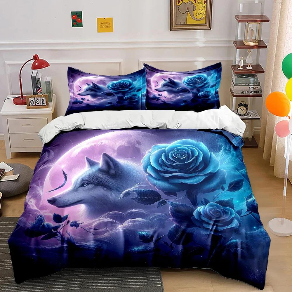 New Arrival! Wolf and Rose Print Bedding Set for Wolf Totem Lovers 1 Quilt Cover 2 Pillowcases Adult and Kids Bedding Set Gifts