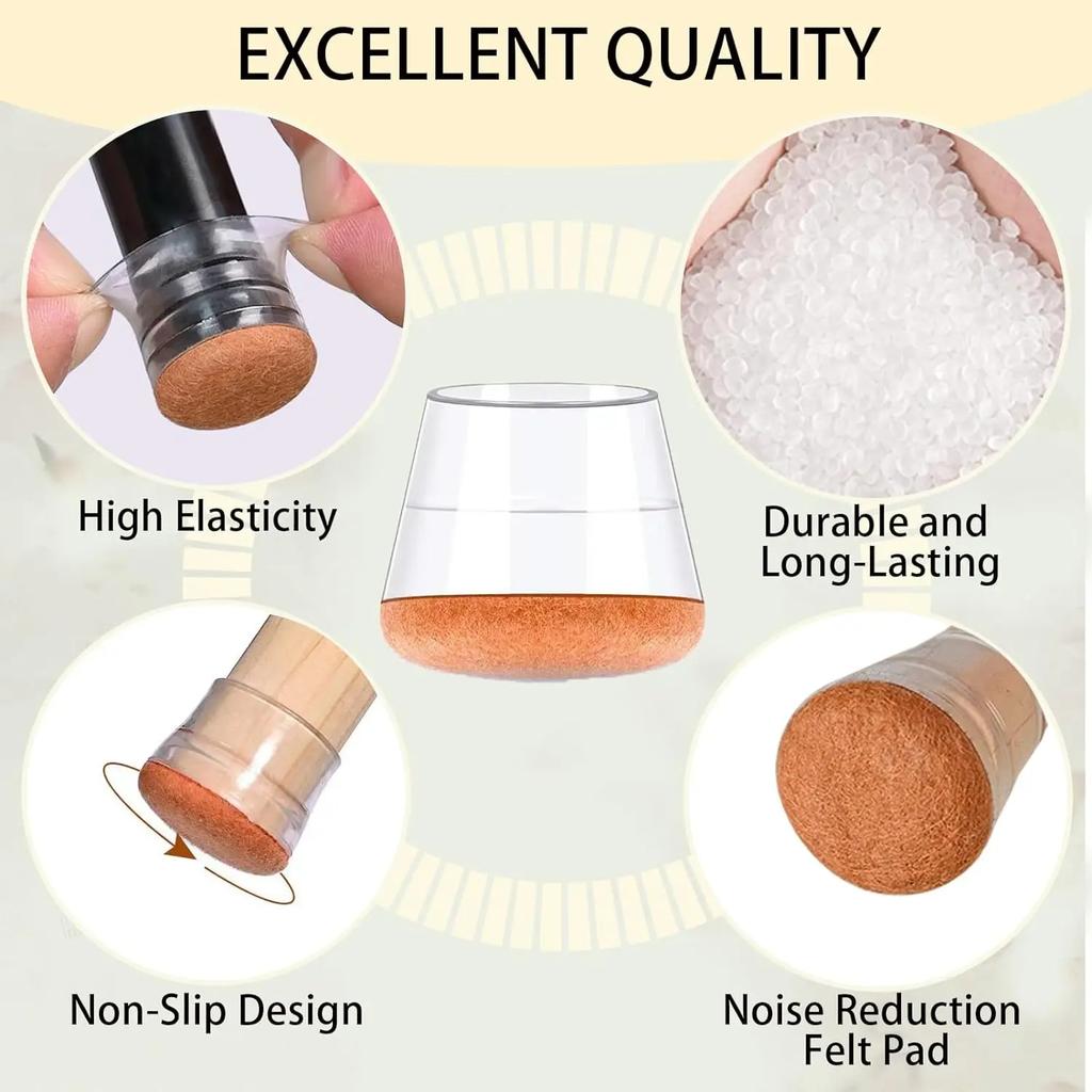 Table Chair Leg Protectors Caps Clear Round for Furniture Legs Cover Floor Sliders Non Slip Scratch Reduce Noise with Felt Pads
