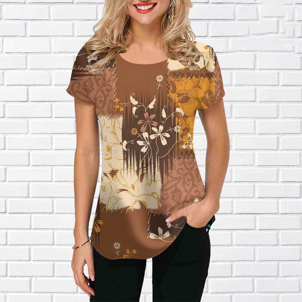 Summer Round Neck 3D Floral Patchwork Print T-shirts Fashionable Casual Short Sleeved Women's T-shirts