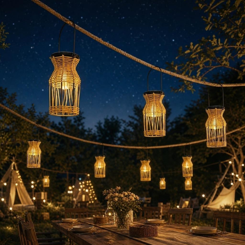 Solar Lantern Outdoor Wicker Handmade Rattan Hanging Lamp Portable Camping Garden Patio Decorative Lighting with Solar Panel and Handle