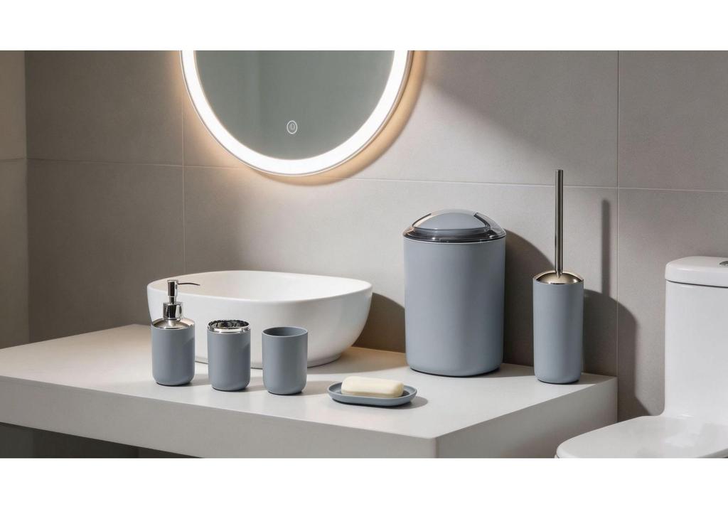 Solid Color Bathroom Accessory Set: 6-Piece Plastic Kit with Mouthwash Cup, Toothbrush Holder, Soap Dish, and Storage Containers.