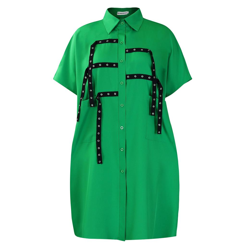 Women Short Sleeve Shirt Dress with Bow Tie Belt and Pockets Solid Color Casual Dress