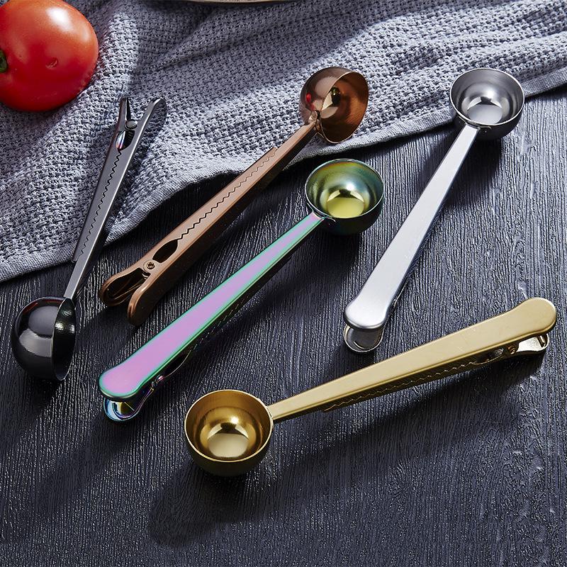 Stainless Steel Coffee Scoop & Bag Sealer with Clip - 2-in-1 Measuring & Sealing Spoon