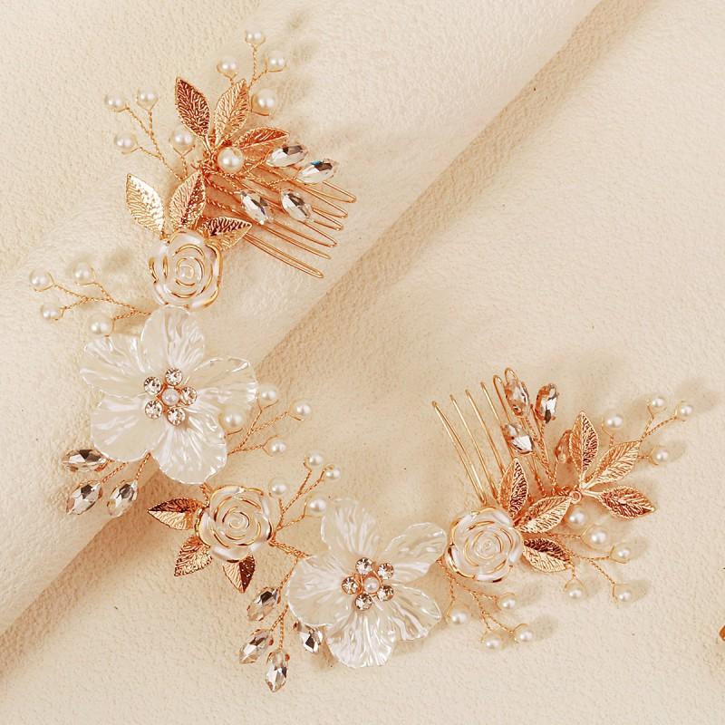 White Acrylic Flower Bridal Headwear Stage Makeup Hair Accessories Features Handmade Rhinestones Pearl Comb Clips