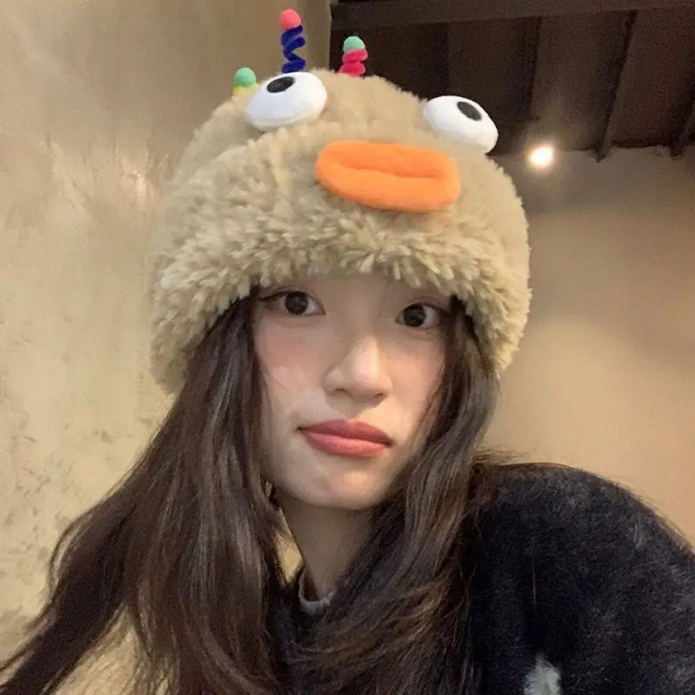 Warm Funny Plush Beanies Y2k Winter Outdoor Cap Kawaii Cartoon Big Eyes Hat Cold Weather