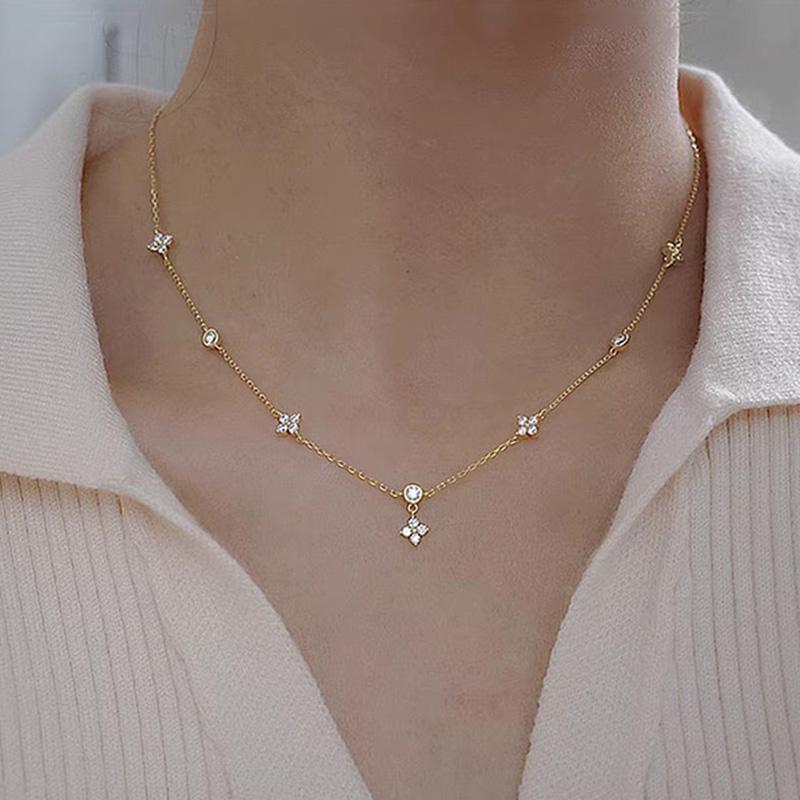 Dainty Lucky Leaf Necklace for Women 925 Silver Trendy 14K Gold Plating Cute White CZ Flowers Pendant Choker Necklaces